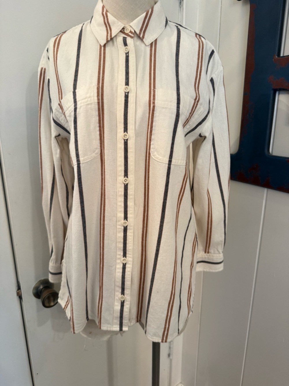Madewell Boyfriend Cream Button-Down Shirt with Brown and Black Stripes Sz S